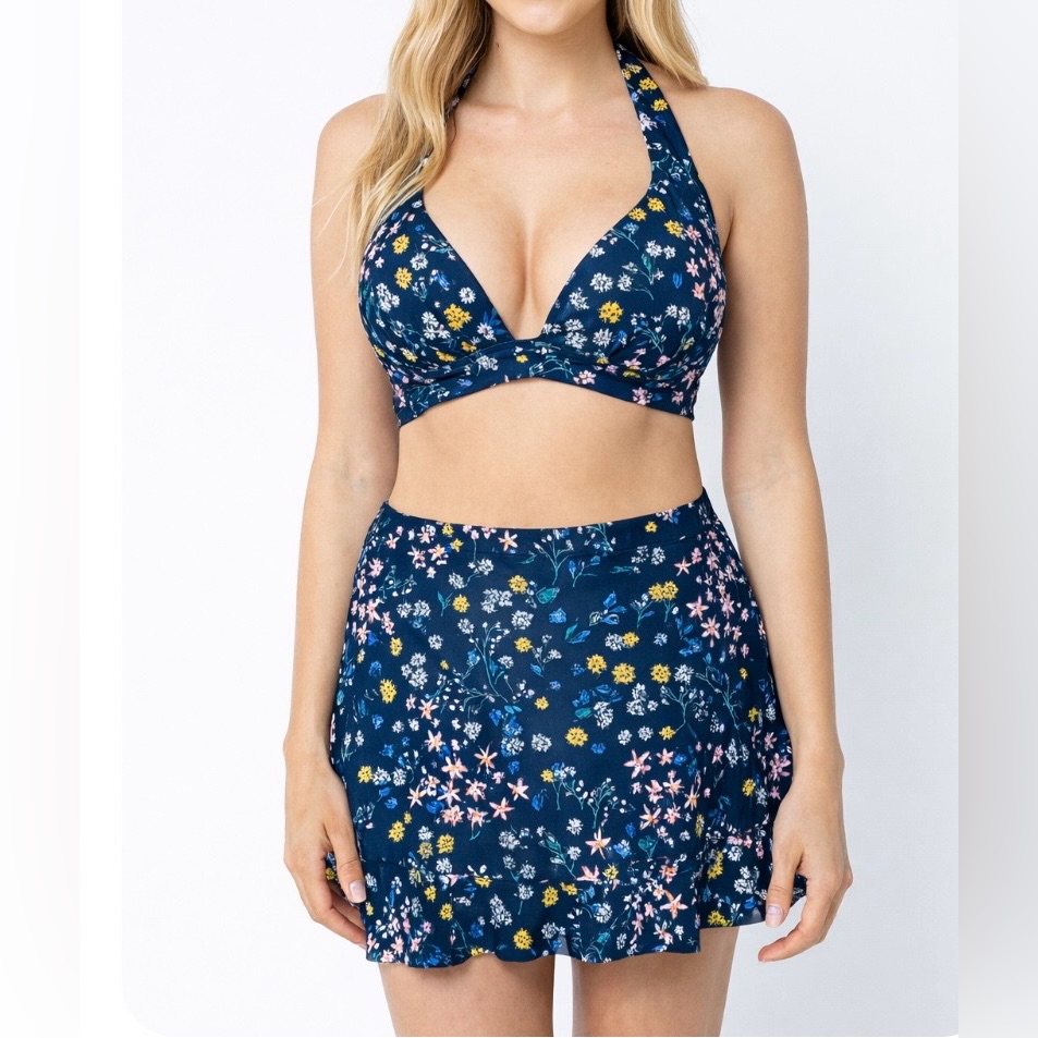 Nwt Draper James Navy Floral Halter Bikini Swim Skirt Set